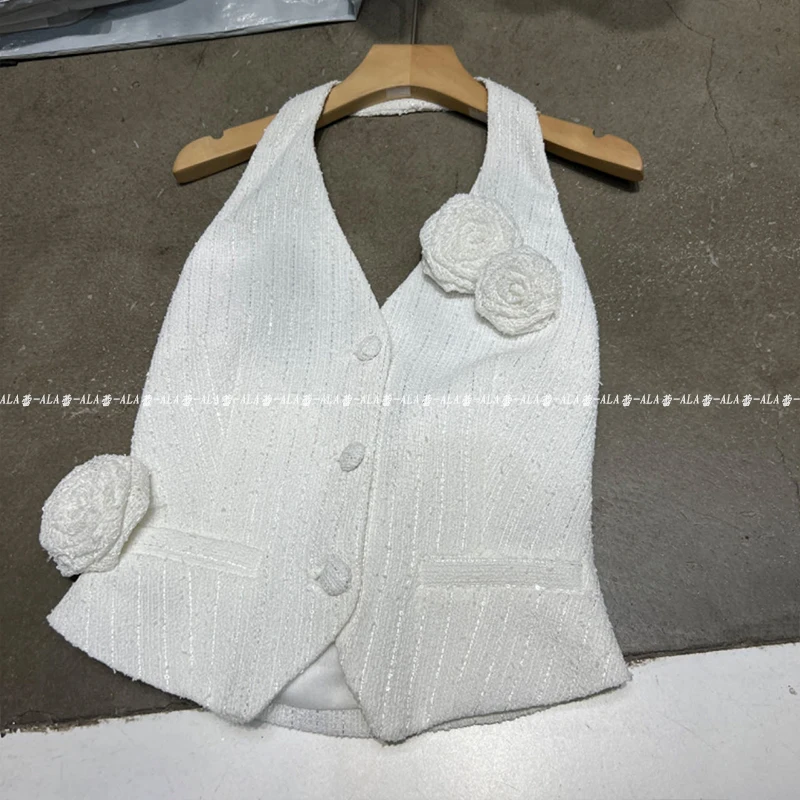 Summer Wear Sling 2024 European Fashionable Temperament Socialite Style Handmade Three-Dimensional Flowers Halterneck White Vest