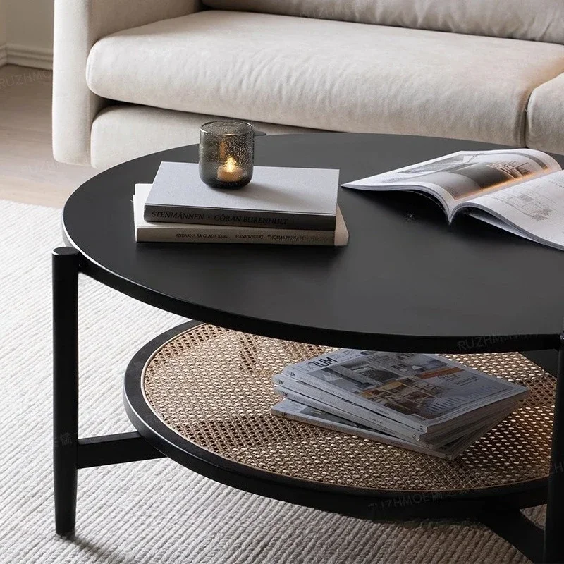 Japanese-style coffee table living room household solid wood rattan ins Changhong glass double-layer round simple modern 5