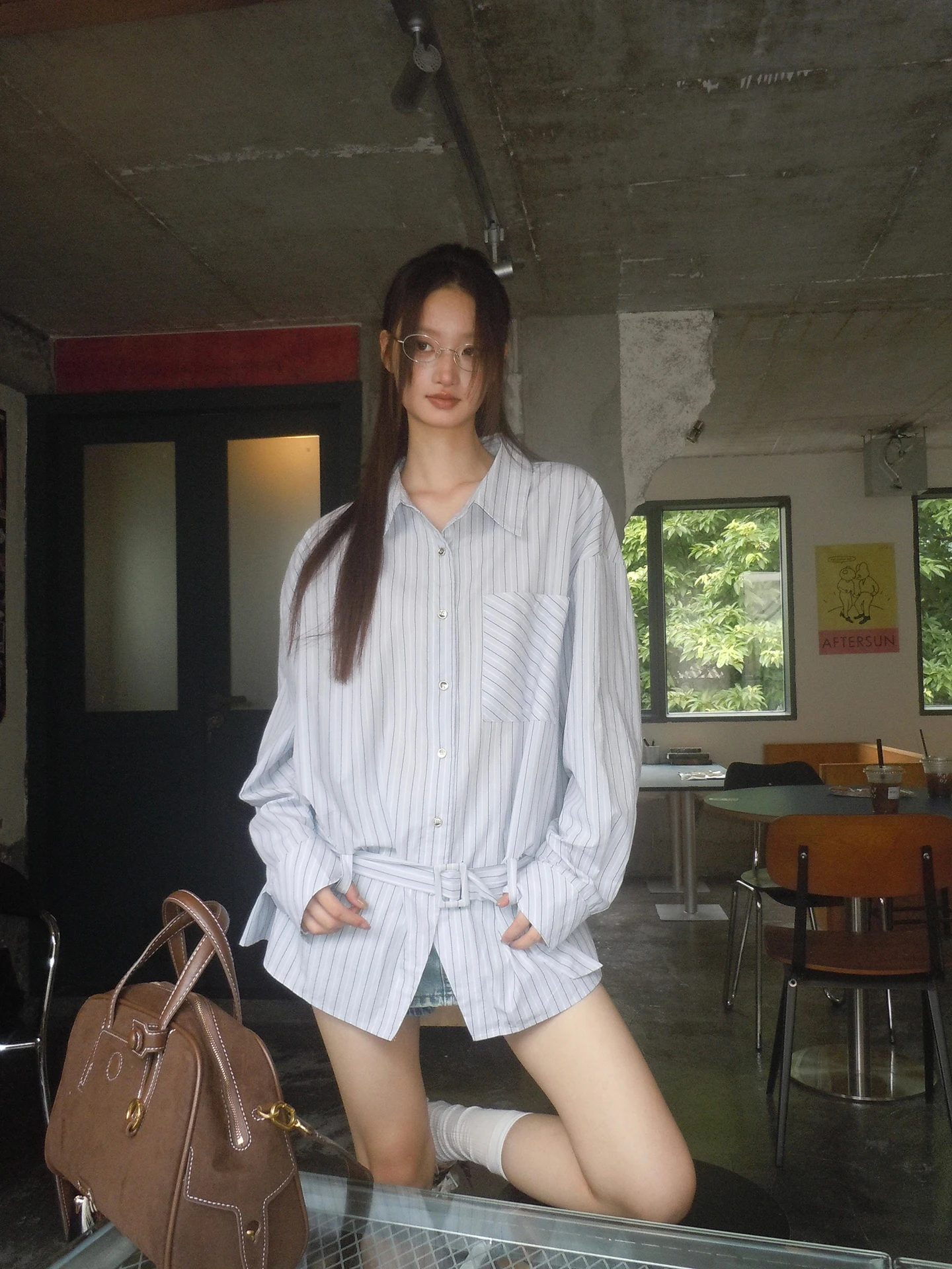 قميص نسائي فضفاض بأكمام طويلة وخطوط زرقاء، ملابس خارجية للخريف، تصميم راقٍ وفريد وأنيق من مزيج القطن بياقة بولو #1