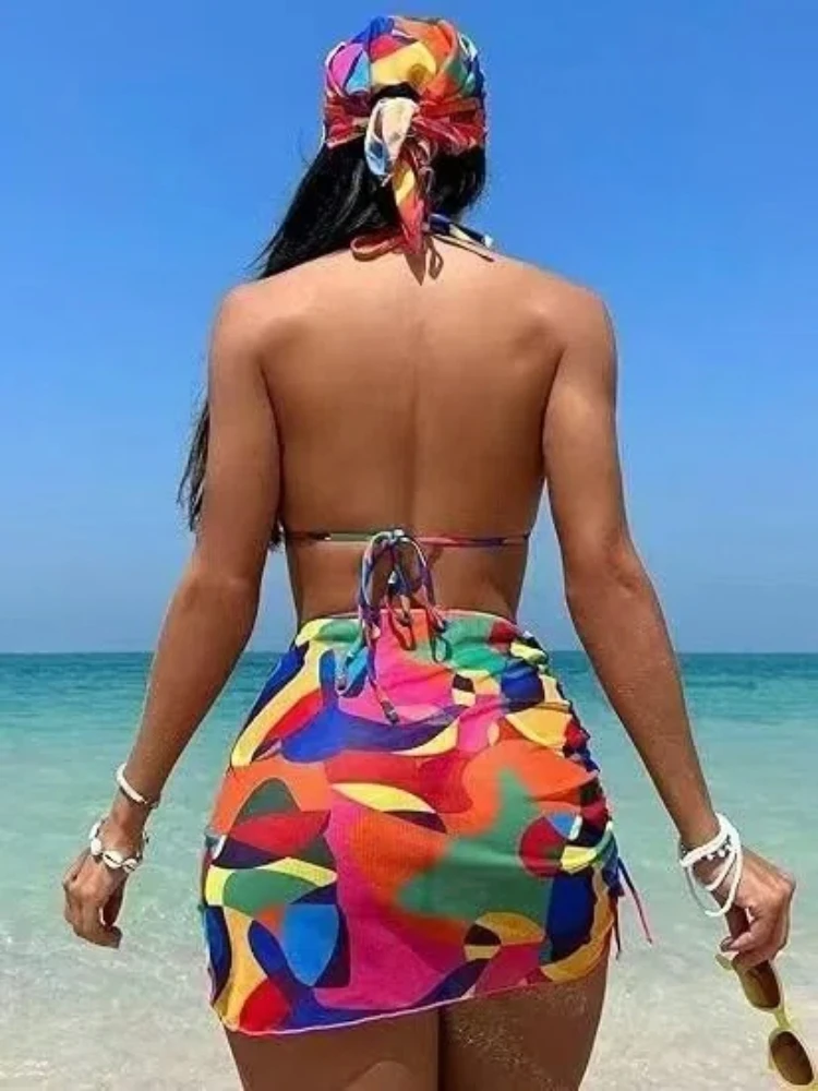 Sexy Matching 4-Piece Bikini Set with Headscarf & Cover Up 2026 Vibrant Tropical Print High Waisted Beach Swimsuit Boho Swimsuit