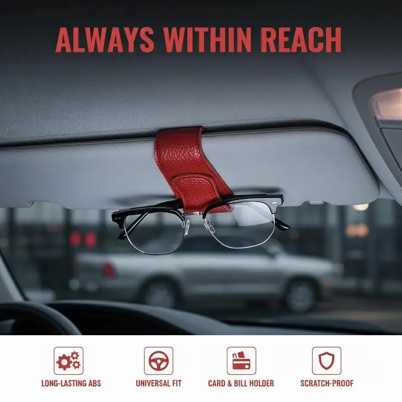 Car Sun Visor Glasses Clip, Magnetic Leather, One-Hand Operation, No-Damage Install, Fits All Vehicles, Eyeglass & Card Holder