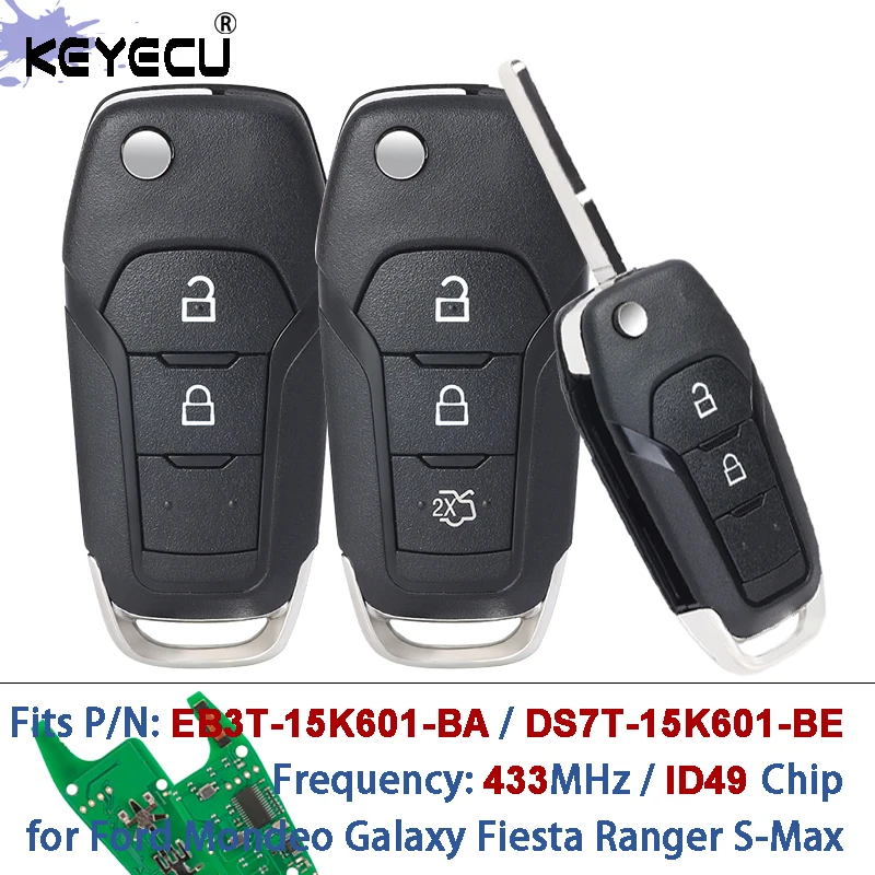 Keyecu 433mhz id49 chip EB3T-15K601-BA DS7T-15K601-BE chave remota fob para ford ecosport ranger mondeo galaxy fiesta 2014-2019
