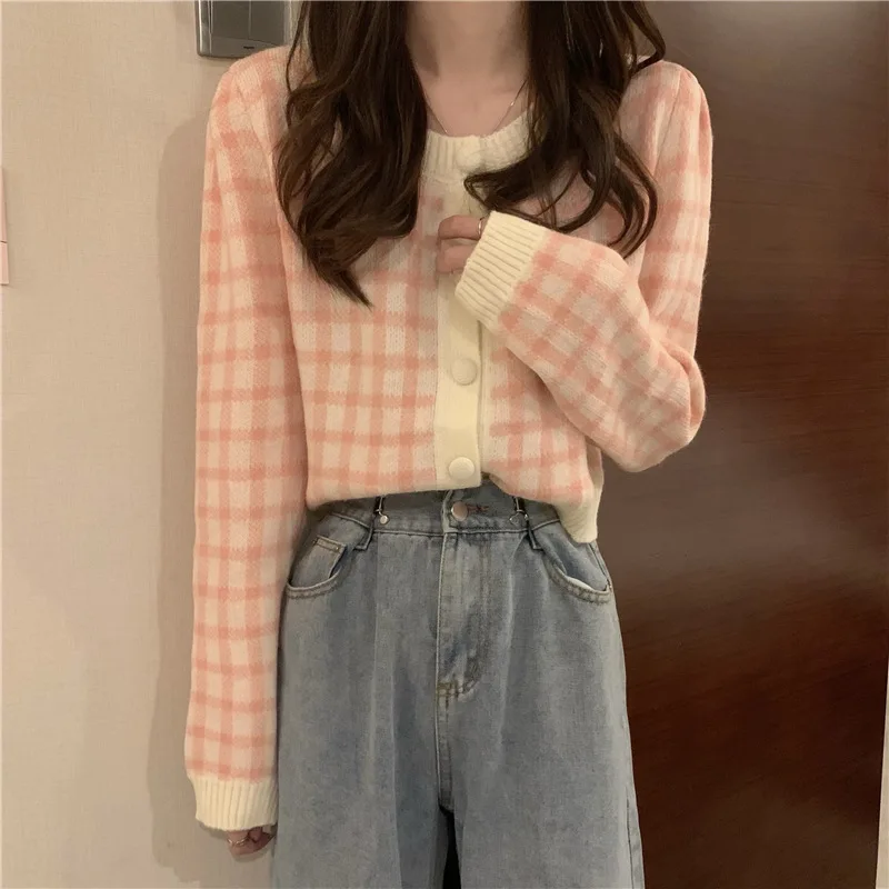 Korean Fashion O-Neck Short Knitted Sweaters Plaid Women Cardigan Single Breasting Y2k Sweaters For Women Autumn Casual Top