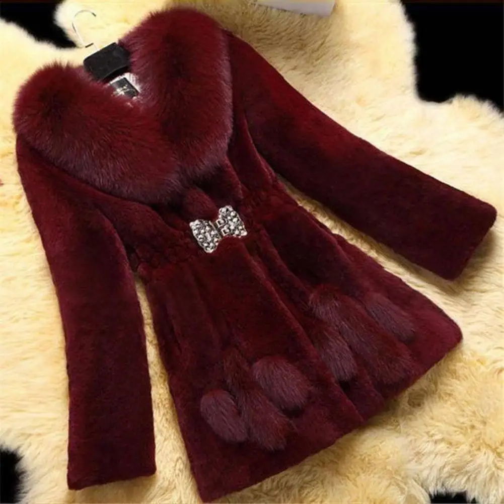 Women Winter Coat Fuzzy Faux Fur MId Length Rhinestone Buckle Elastic Slim Waist Solid Color Thick Outerwear Celebrity Prom Part