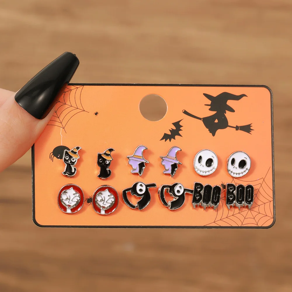 European chic accessories Halloween series pumpkin ghost earrings cartoon funny eyes spider stud earrings set view 3