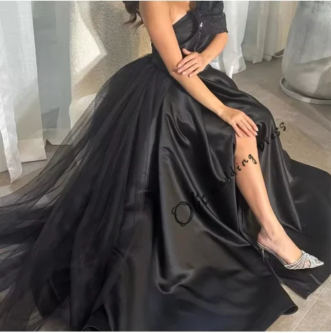 Vestido de noche de tul con un hombro y lentejuelas, delicado personalizado, a la moda, media manga, corte en A, largo hasta el suelo, a medida