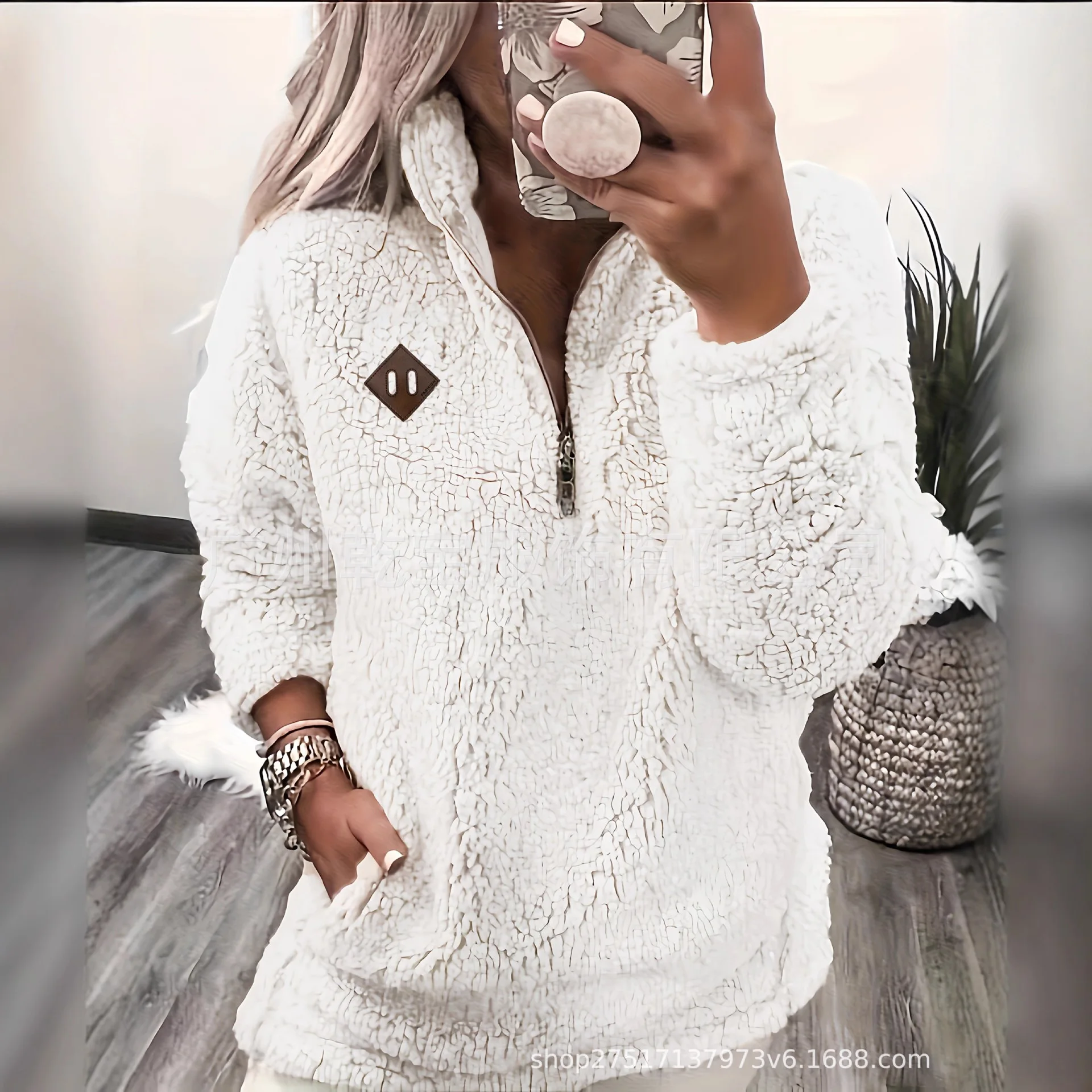 

2025 Pullover Damen Autumn Winter Sweatshirt Women's Stand Collar Half Zipper Loose Solid Color Plush Warm Slip Pocket Pullover