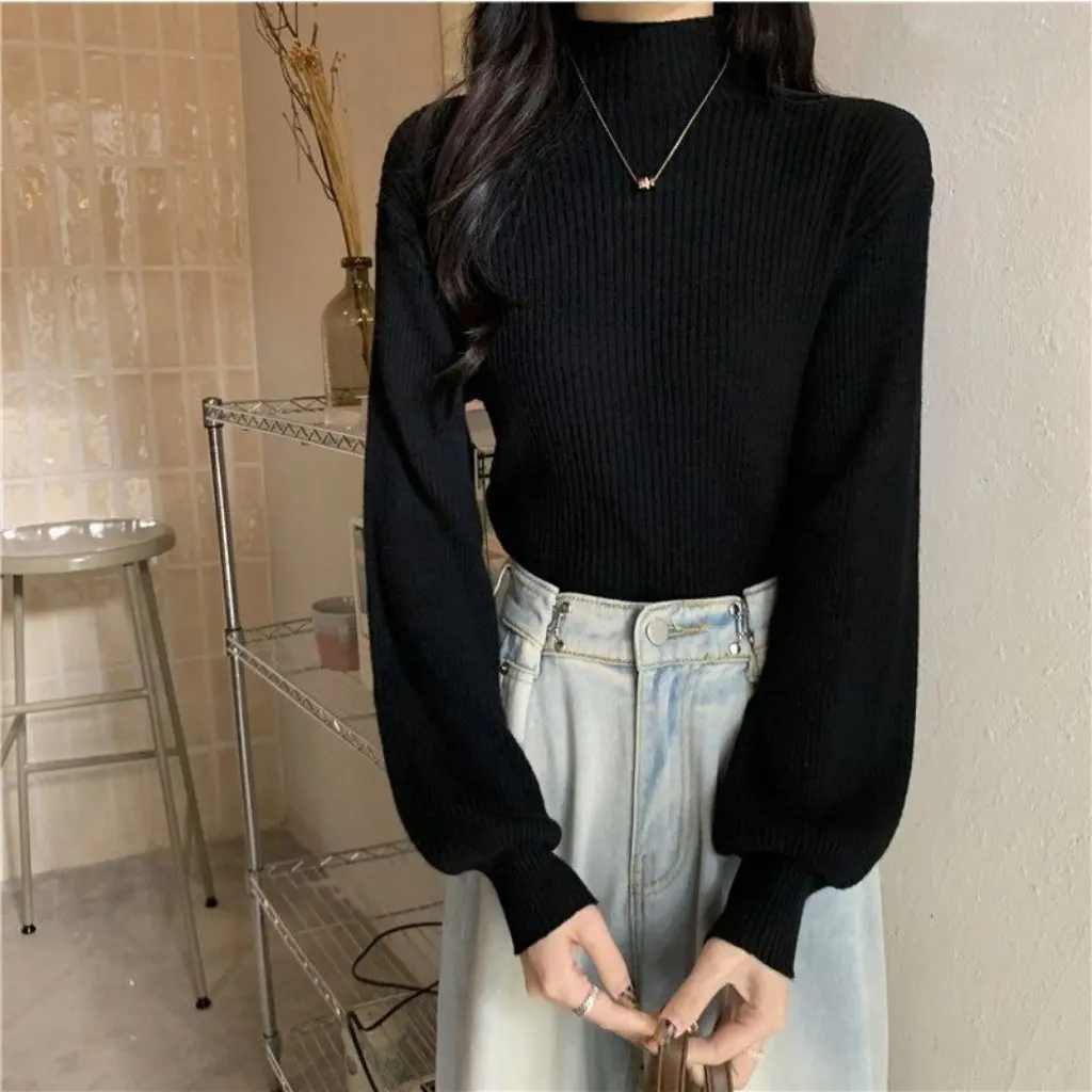 

Women's Thickened Half-High Neck Long-Sleeved Sweater Black Slim-fit Base Shirt Top for Autumn Winter All-match
