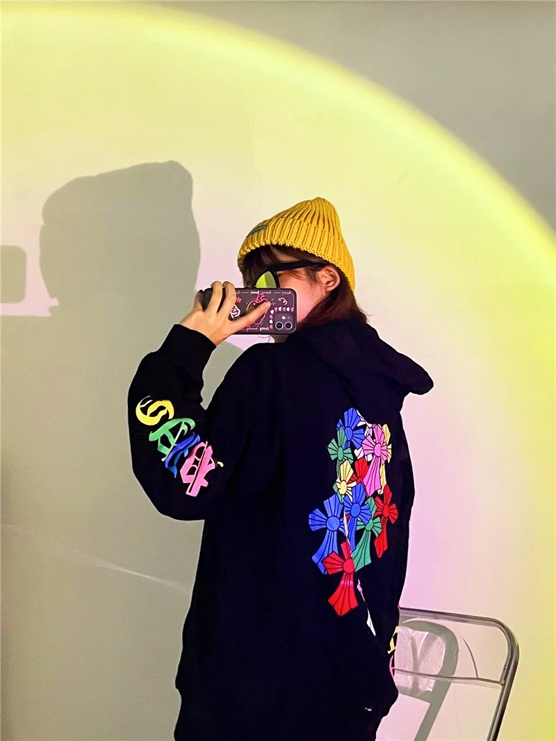

Ins Thin Cross Street Style Hoodie Loose Fit Printed Long Sleeve Cotton Sweatshirt for Young Women Streetwear