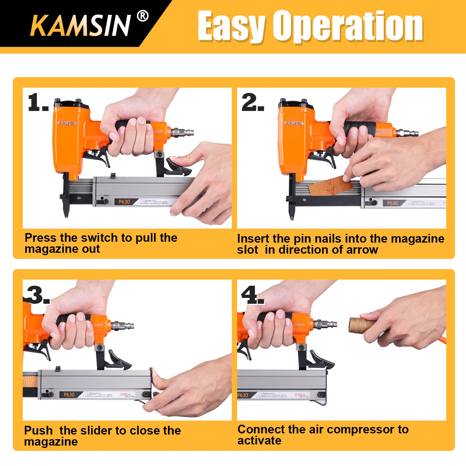 KAMSIN P630 23 Gauge Pneumatic Compact Headless Micro Pin Nailer Gun, Fits 10-30mm Leg Length Nails, for Cabinets, Woodworking