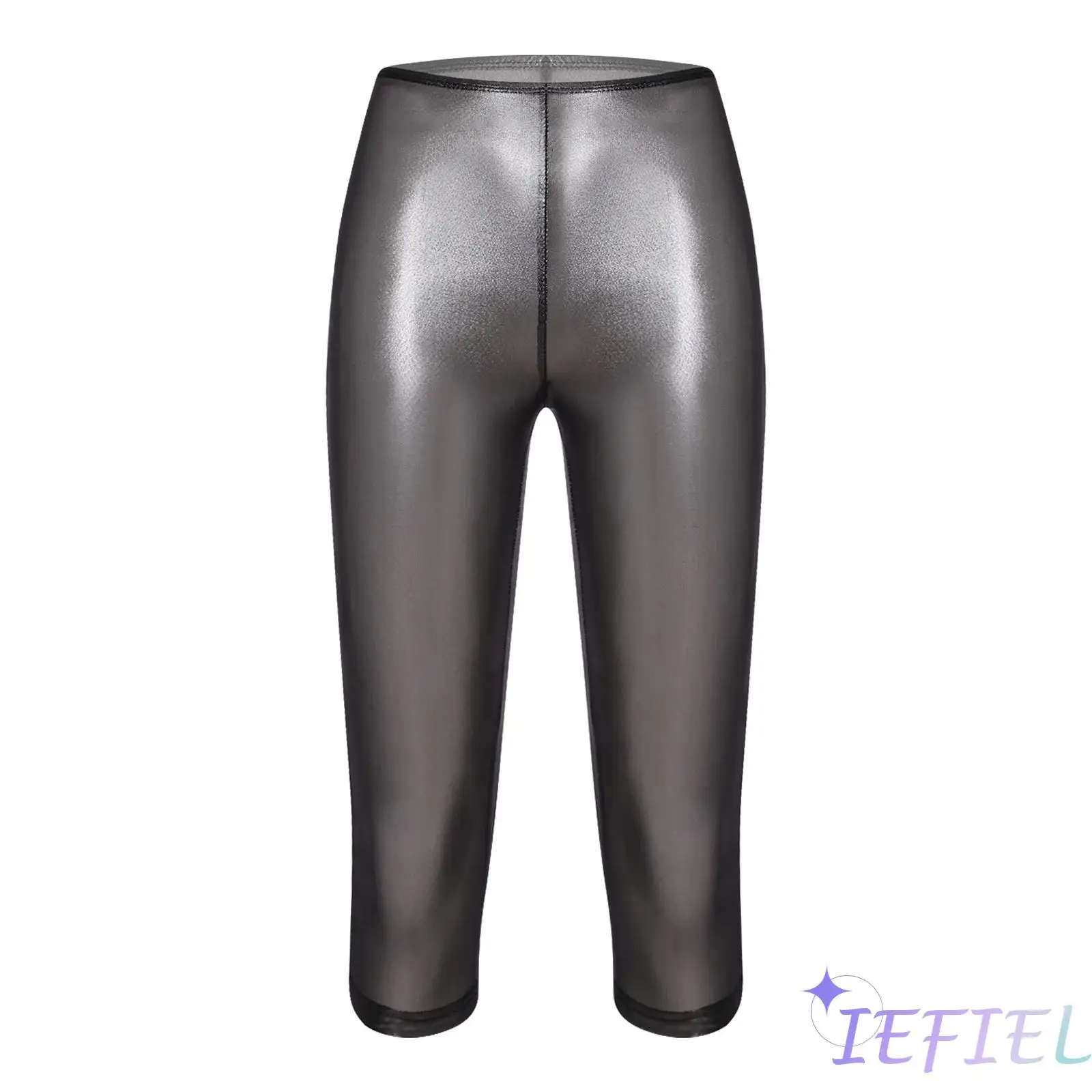 Women Fashion Metallic Capri Pants Semi Transparent High Waist Elastic Shiny Tights for Rave Party Nightclub Cover Up