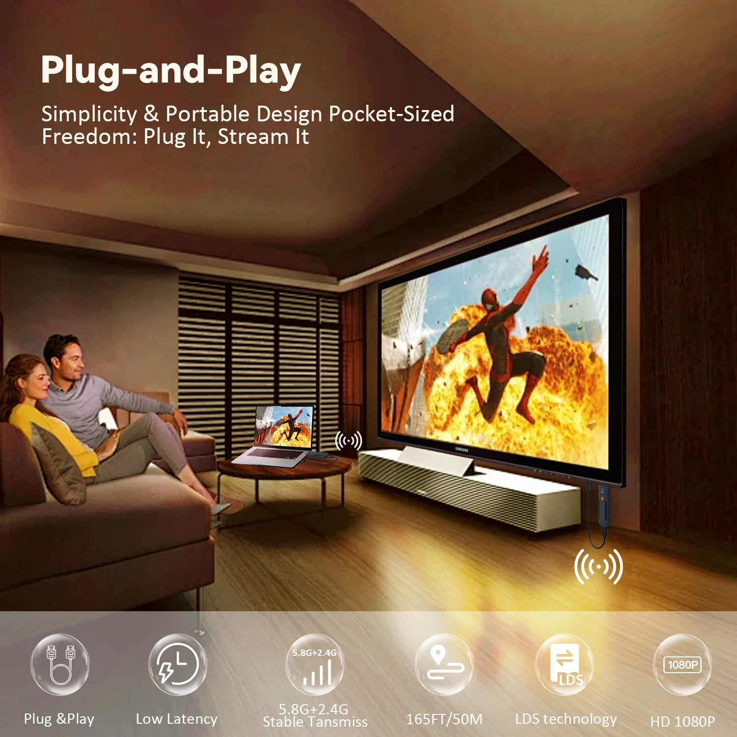 เครื่องส่งสัญญาณและตัวรับสัญญาณวิดีโอ HDMI ไร้สาย 1080P, อะแดปเตอร์ดองเกิลทีวีสติ๊กสำหรับพีซี, กล้อง, แล็ปท็อป, โปรเจคเตอร์, จอภาพ