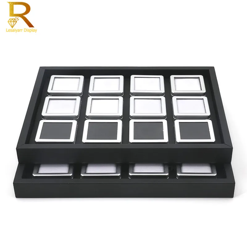 Modern Gem Stone Jar Display Box Diamond Jewelry Beads Coin Organizer Gemstone Jewellery Tray Storage Container Black PU Leather