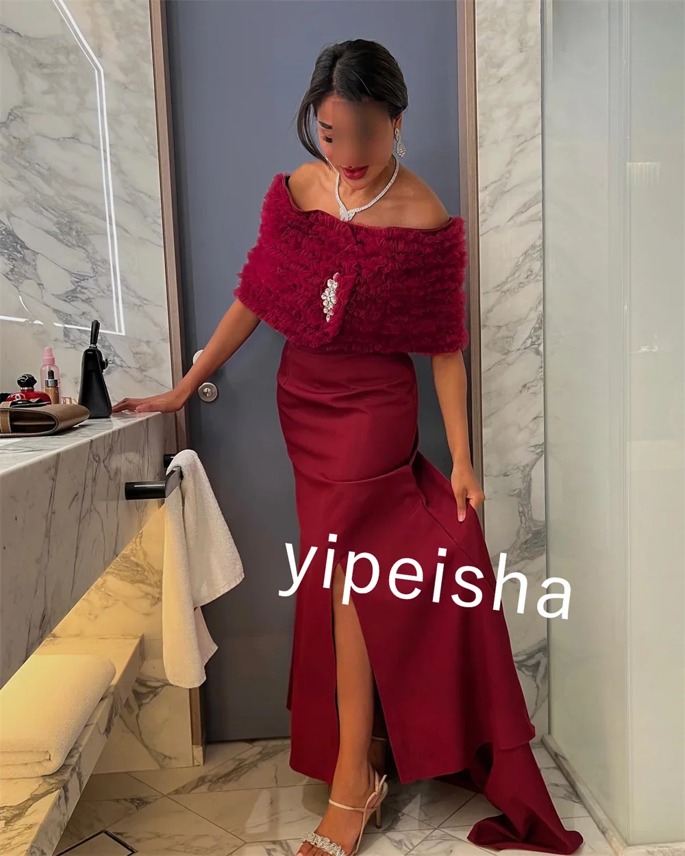 Casual Jersey Sequined Ruched A-line Off-the-shoulder Long Dresses Prom Dresses Simple Retro Fashion Elegant Sexy Exquisite