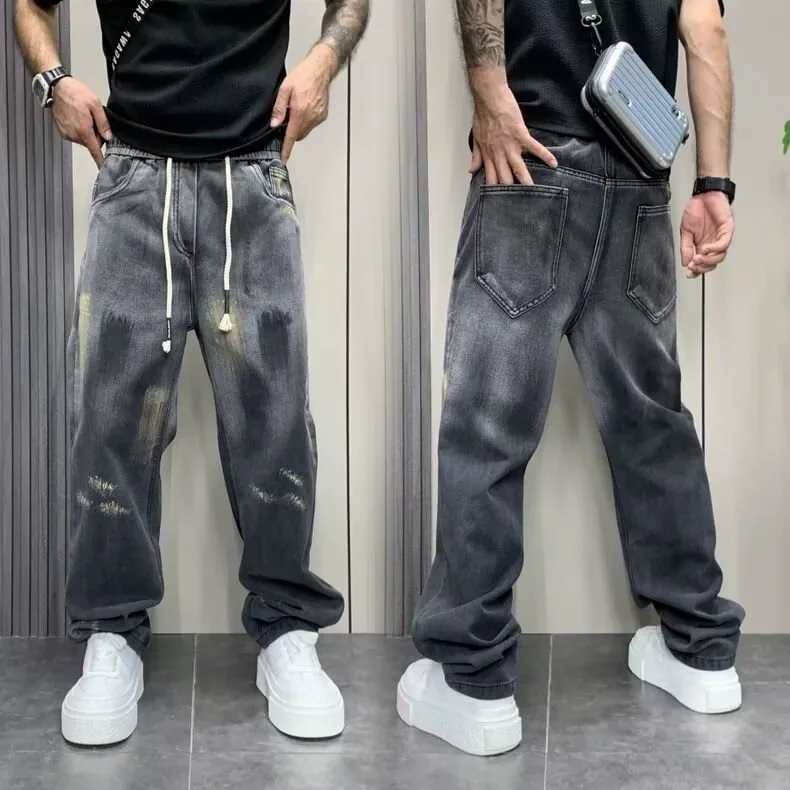 

Мужские джинсы свободного кроя с прямыми штанинами, средней посадкой, градиентного цвета, длинные брюки, осенне-зимние, больших размеров, повседневные