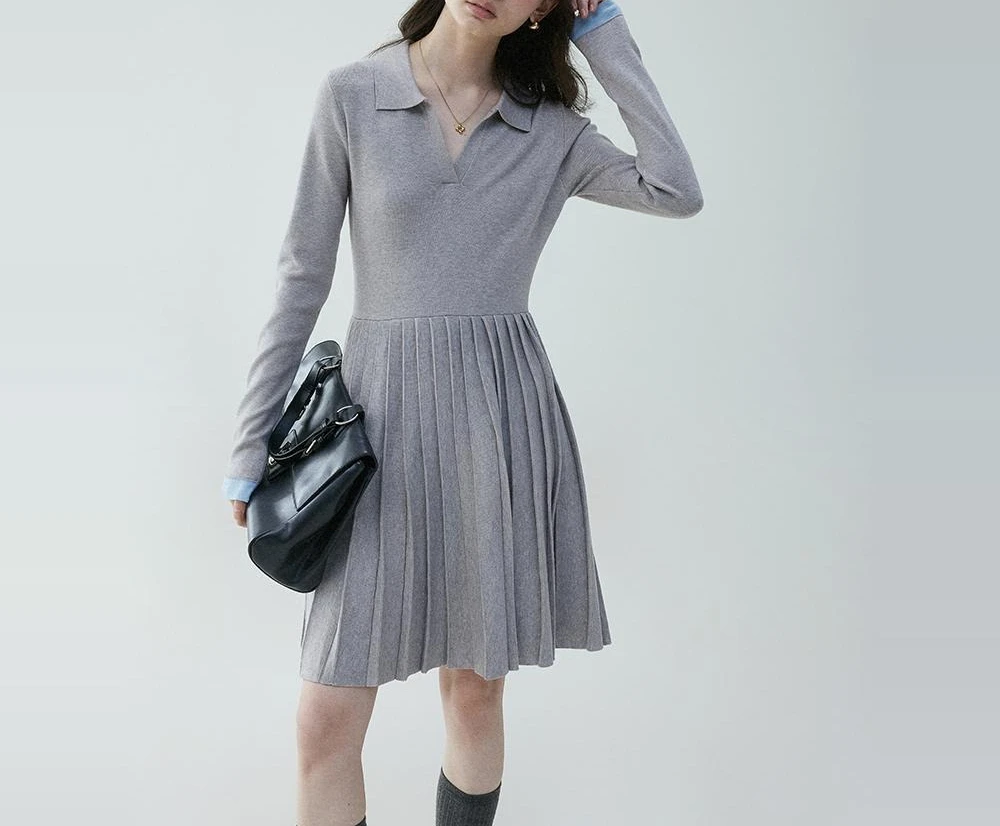 

POLO Collar Pleated Knitted Dress for Women's New Color-blocking Skirt