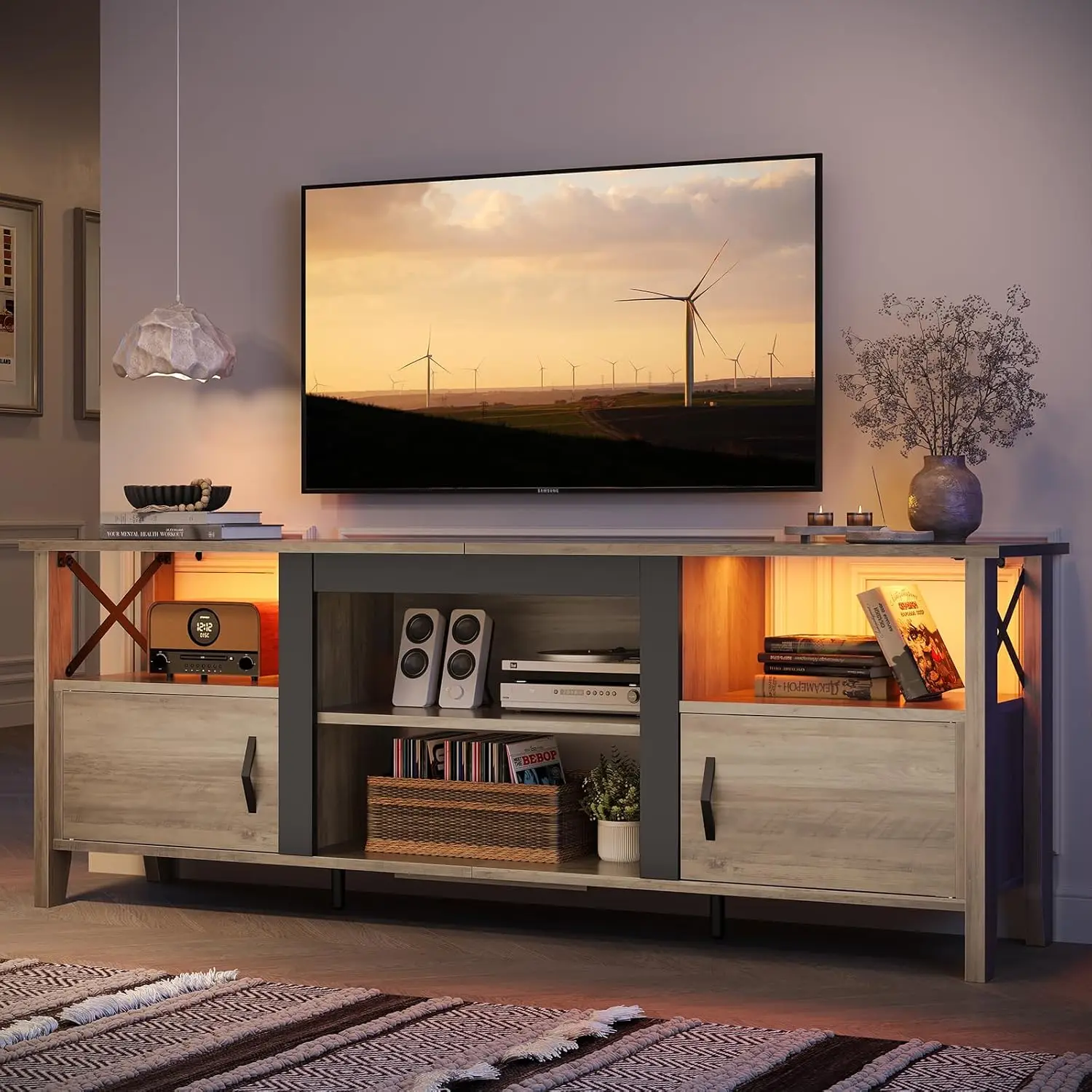 Bestier Farmhouse TV Stand for 70 inch TV, Gaming Entertainment Center with LED Lights, TV Console with 2 Storage Cabinets and S