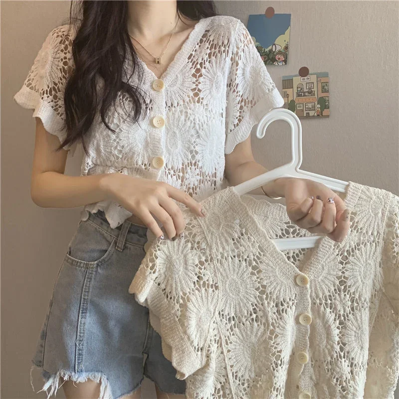 Summer 2023 Women\'s v Neck Cardigan Short Sleeve Shawl Top Vintage Clothes for Women Tops Shirts Blouses