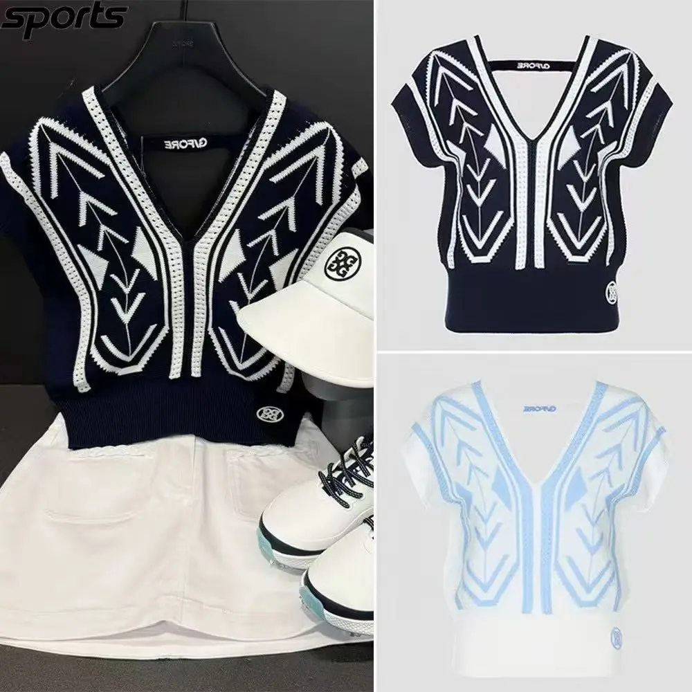 

Summer Golf Wear: V-Neck Patterned Drop-Shoulder Sleeve Outdoor Sports Casual Breathable Sleeveless Top