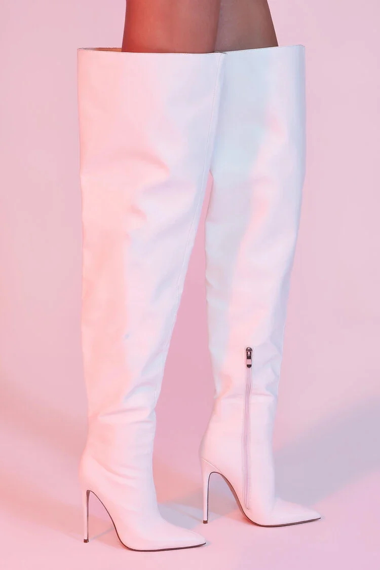 

Fashion White Leather Over-The-Knee Stiletto Boots Pointed-Toe Design High Heels Zipper Detail Woman's Boots