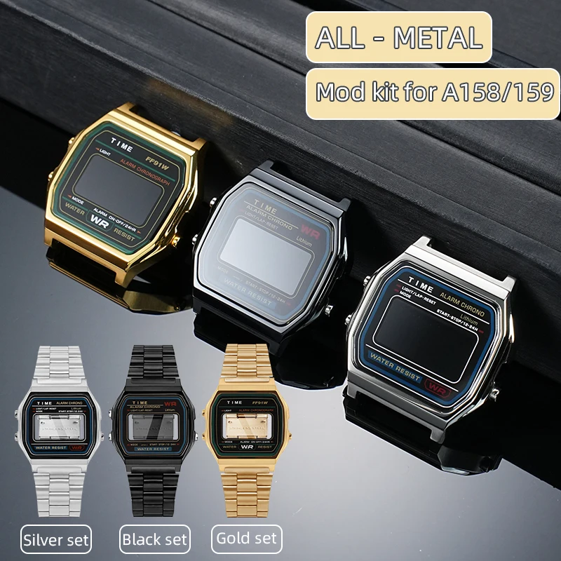 

A158/159 stainless steel Case Strap Mod kit For Casio 593 A158 gold bezel Modified a159 158 Metal case bands set parts with toos