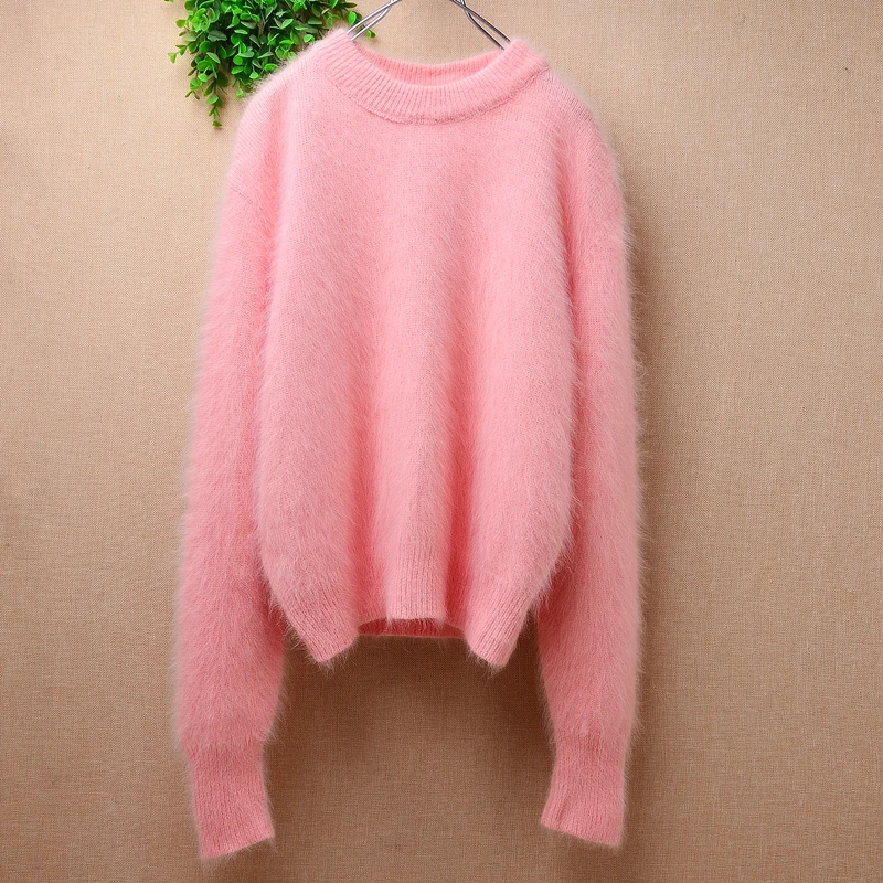 

Ladies Women Fall Winter Clothing Pink Hairy Angora Rabbit Hair Knitted O-Neck Loose Pullover Angora Fur Jumper Sweater Pull Top