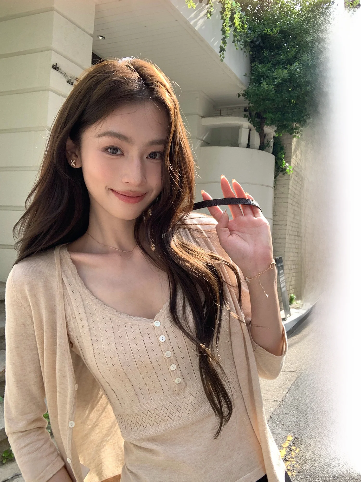 Pusumede Knitted V-Neck Seven-Quarter Sleeve Open Cardigan Women's Design Sensation Strap Vest Two-Piece Set Top