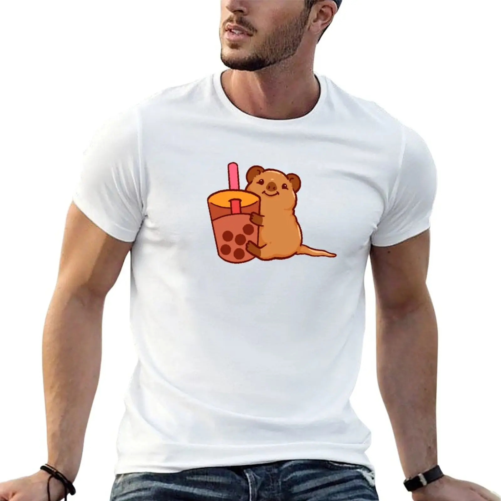 Cute quokka with boba tea, quokka cartoon, buble tea T-shirt anime blacks kawaii clothes new edition Men's cotton t-shirt