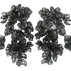 Beaded Sequin Flower Embroidery Lace, Lace Mirror Application, Wedding Dress, Veil, DIY Sewing Decoration, Black, 4 Pcs, 2Pair