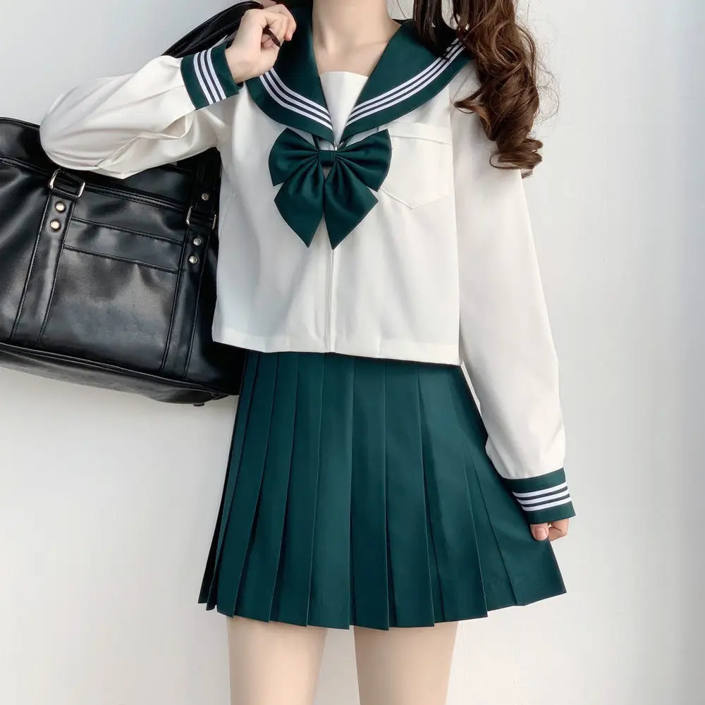 Falda larga japonesa, traje de marinero, traje medio, verde oscuro, tres uniformes básicos JK, conjunto de uniforme escolar ortodoxo