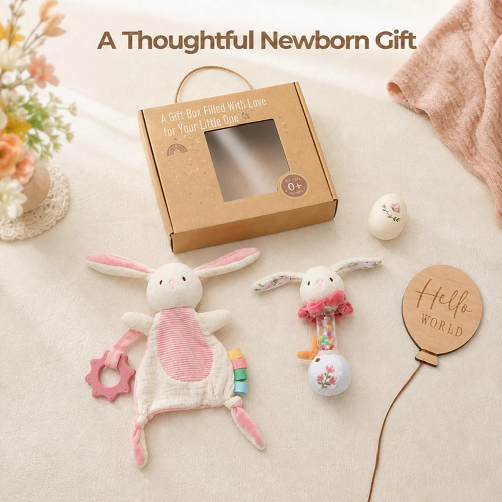 Newborn Baby Gift Set Montessori Educational Toy Bunny Rattle Comforter Hello World Egg Plush 0-12M Sensory Soothing Teether Set