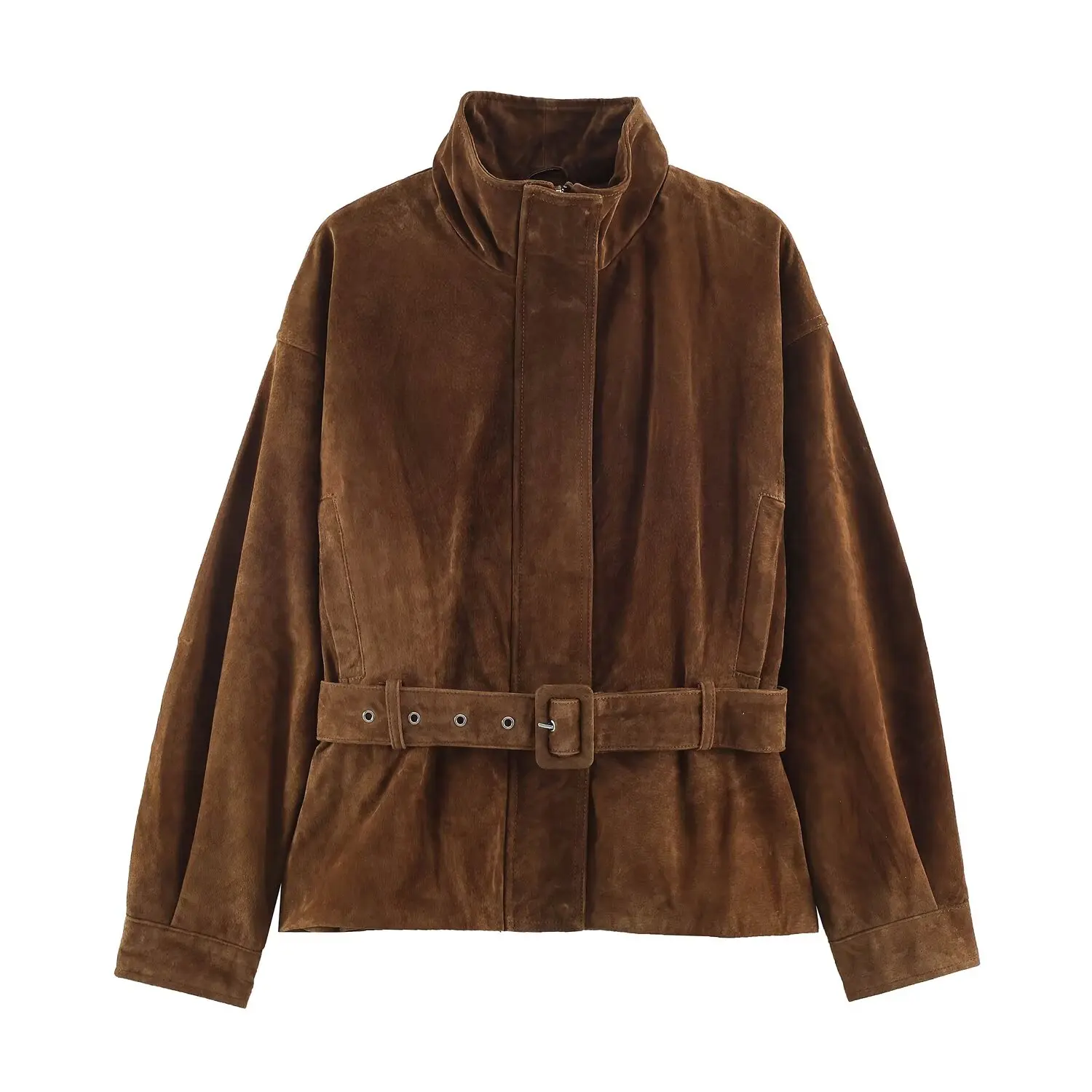 TFMLN Damenjacke aus braunem Kunstwildleder, Herbst/Winter, Stehkragen, lange Ärmel, Vintage-Reißverschluss, Damen-Streetwear, Neu – Detail 2