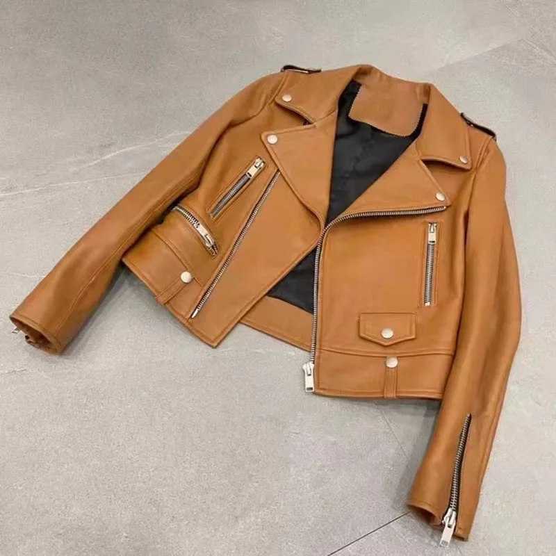 Coat Spring Women Short Length Locomotive Model Style Pocket Zipper Trim Genuine Leather Jacket Turn-Down Collar Long Sleeve