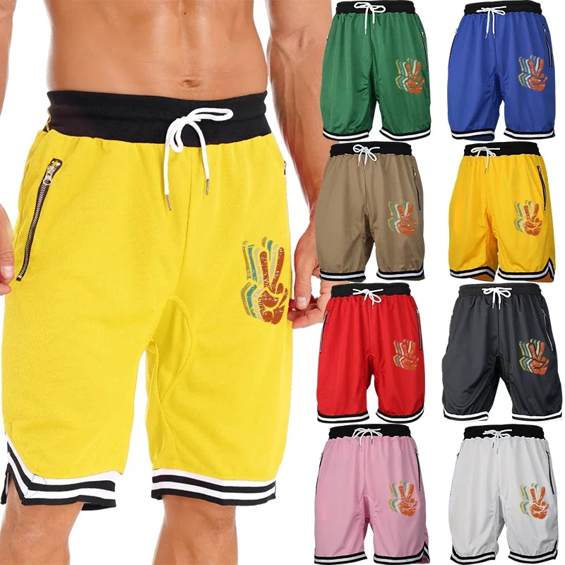 

Мужские легкие быстросохнущие спортивные баскетбольные шорты с карманами на молнии и принтом