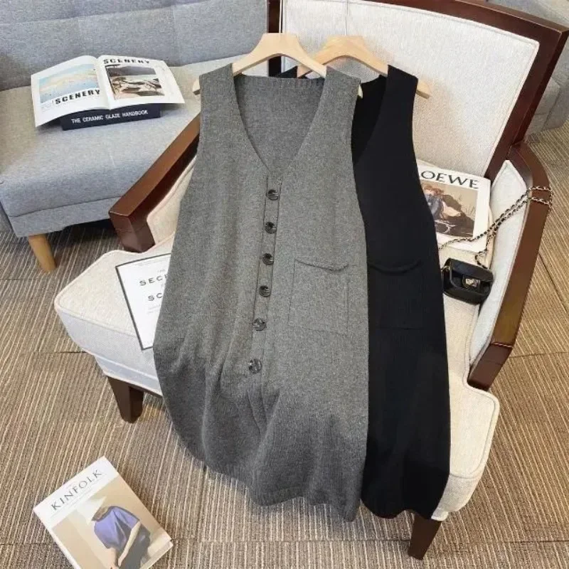 Medium to long knitted vest dress new loose and slimming V-neck spring and autumn sweater women's vest dress