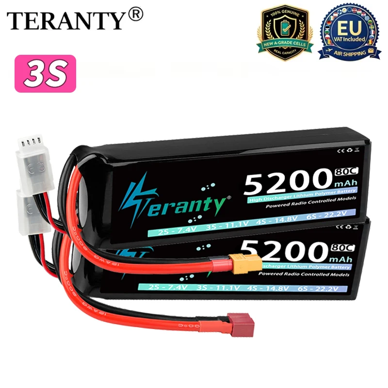 1/2 Stück TERANTY 3S 5200mAh Lipo-Akku 11,1V 80C mit T/XT60/XT90-Stecker für RC-Auto, -LKW, Drohne, Flugzeug, FPV RC-Hobby-Modelle und -Teile