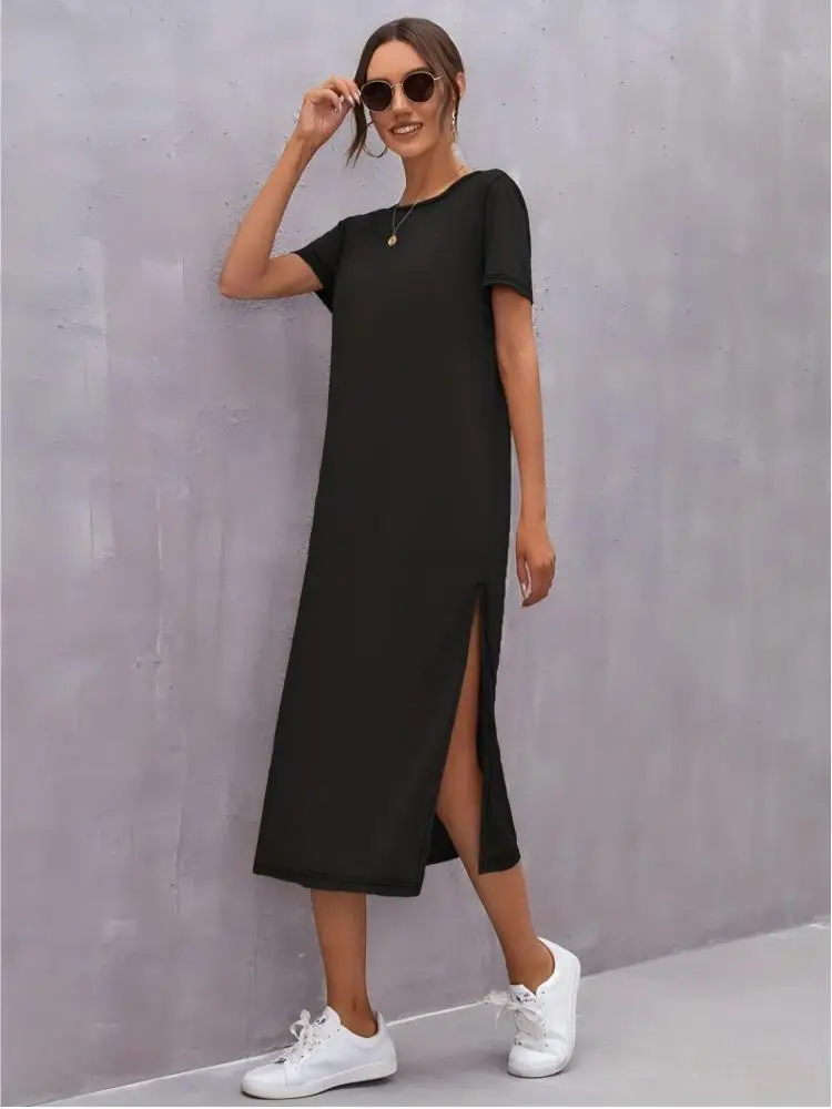 Simple round Neck Short Sleeve T-Shirt with Side Slit Straight Tube Design Long Skirt