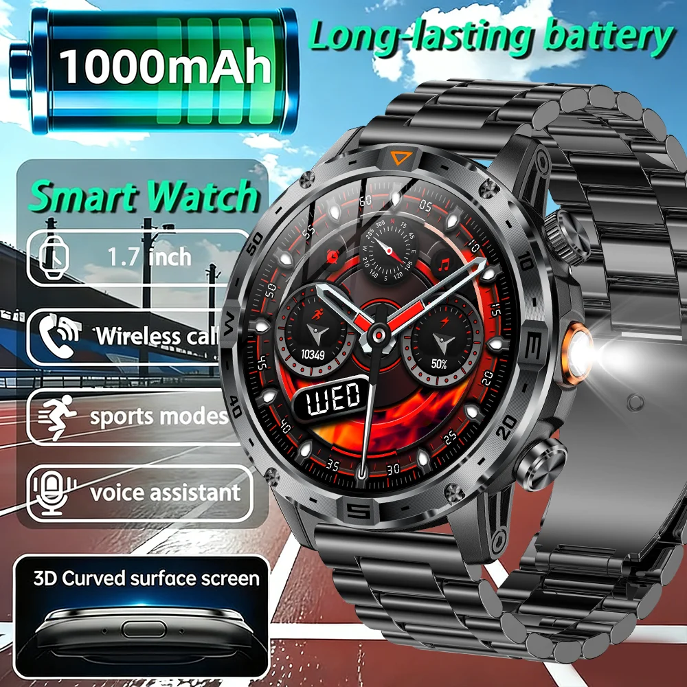 

Смарт-часы 2026 для активного отдыха с аккумулятором 1000 мАч, LED-фонариком, компасом, беспроводными звонками, для спорта и фитнеса, водонепроницаемые