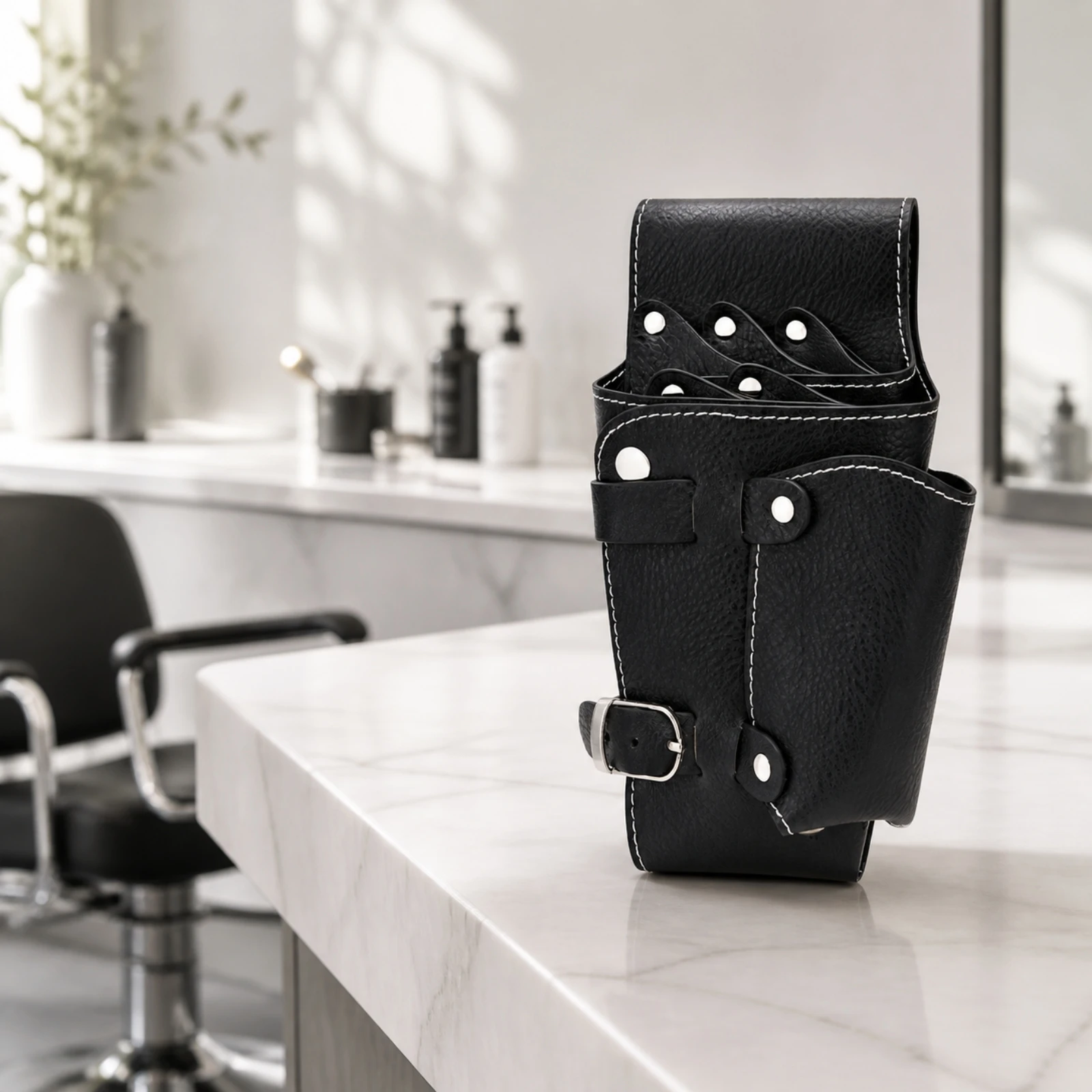 Adjustable Wearable Strap Hair Stylist Tool Pouch for Scissors and Combs PU Leather Waist Organizer with Snap Closures for Work