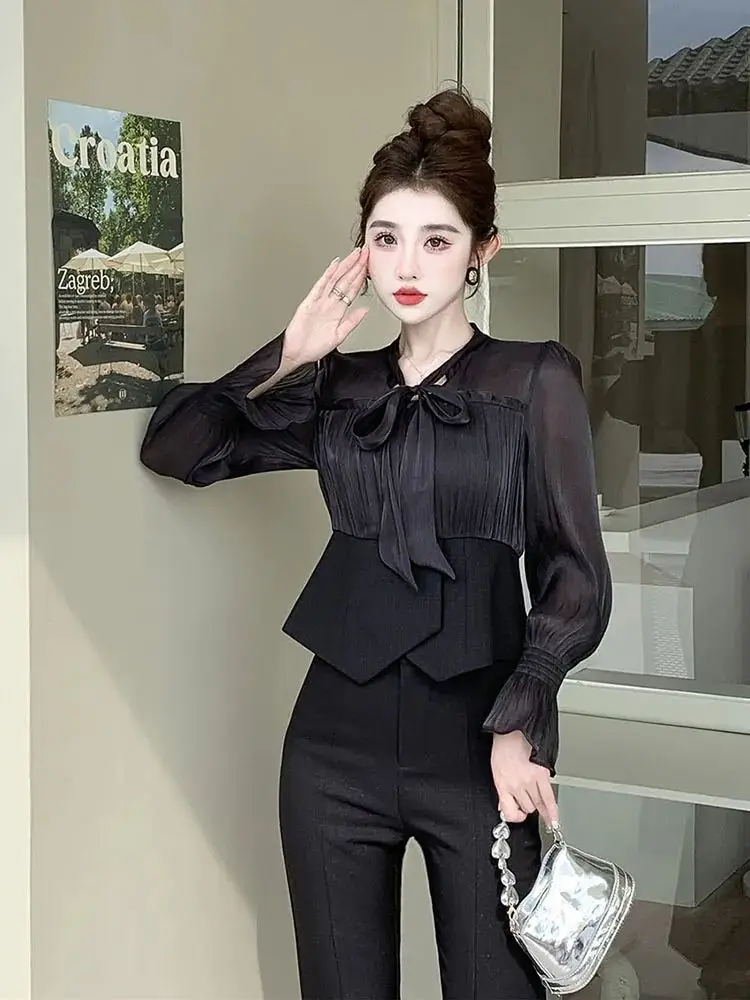 Women's Blouse and Pants Two Piece Set Shirt Black Spring Autumn Ladies Trouser Holiday Outfits New in Matching Groups Clothes D