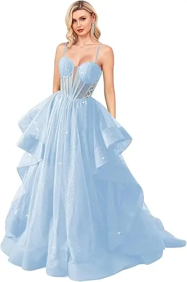 Glittery Prom Dress Tulle Ruffles Women Elegant Party Spaghetti Strap Sweetheart Evevning Gowns Custom Made