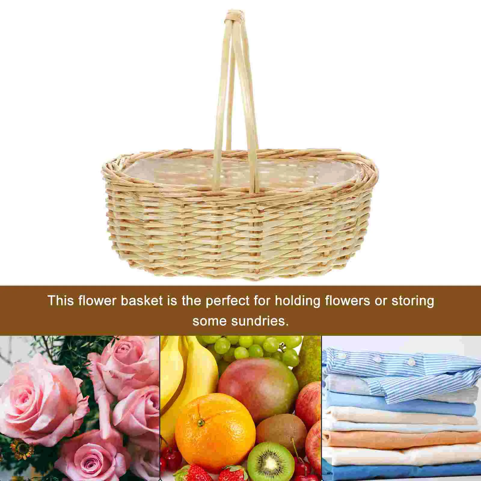 Portable Wicker Flower Basket Picnic Storage Baskets Woven With Handle Fruit Storage Container Travel Handmade Imitation Rattan