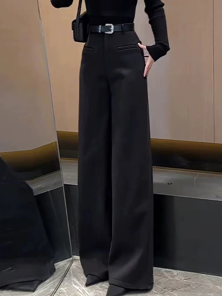 

Женские повседневные брюки с высокой талией и широкими штанинами, черные, утягивающие, осенне-зимние, новые, универсальные, элегантные, длинные брюки для женщин
