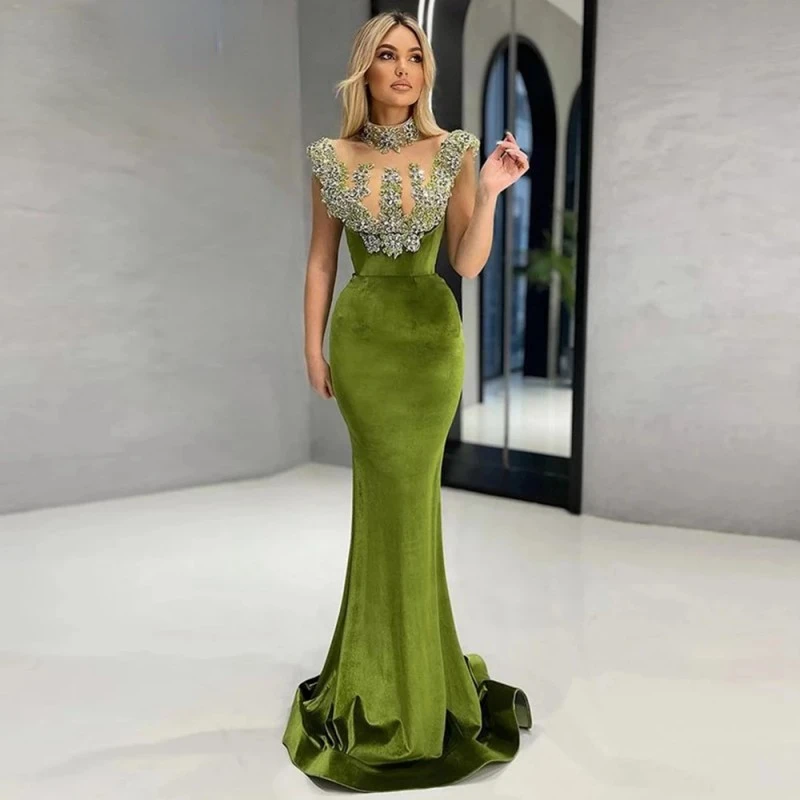 

Green Vintage Mermaid Evening Dresses Long Luxury 2022 Celebrity Prom Dress High Neck Beaded Formal Party Gown Vestidos De Noche