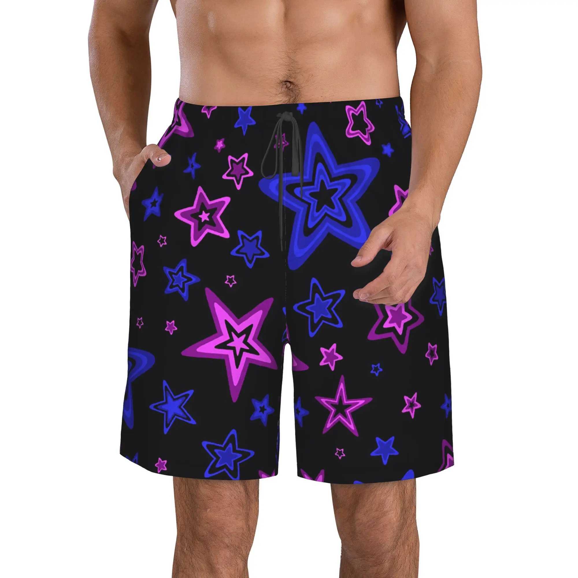 Neon Star Pattern on Black Background Trunks Beach Board Shorts Casual Quick Dry Swim Summer Men Pants