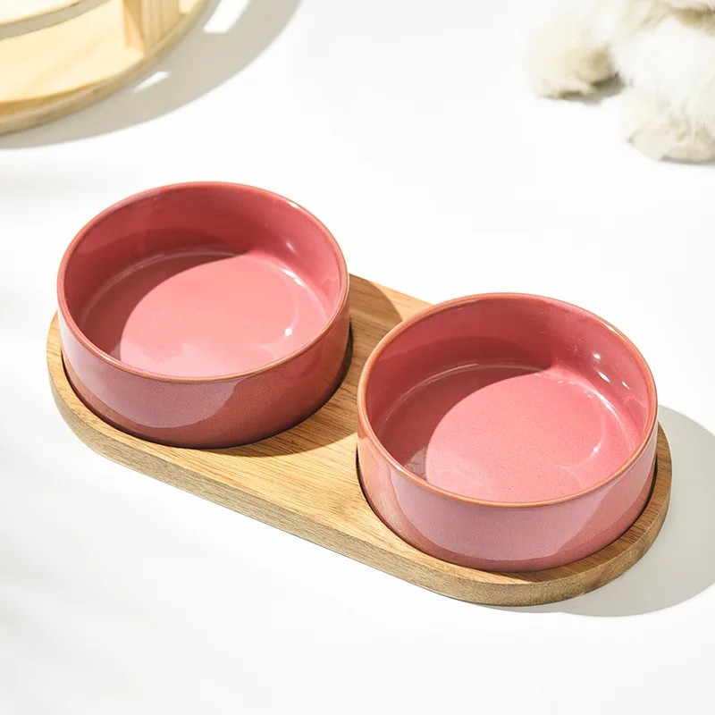 Dog Bowl Ceramic Matte Pet Bowl Cervical Spine Protector Anti Knock Over Wooden Tray Pet Feeding Supplies Cat Accessories