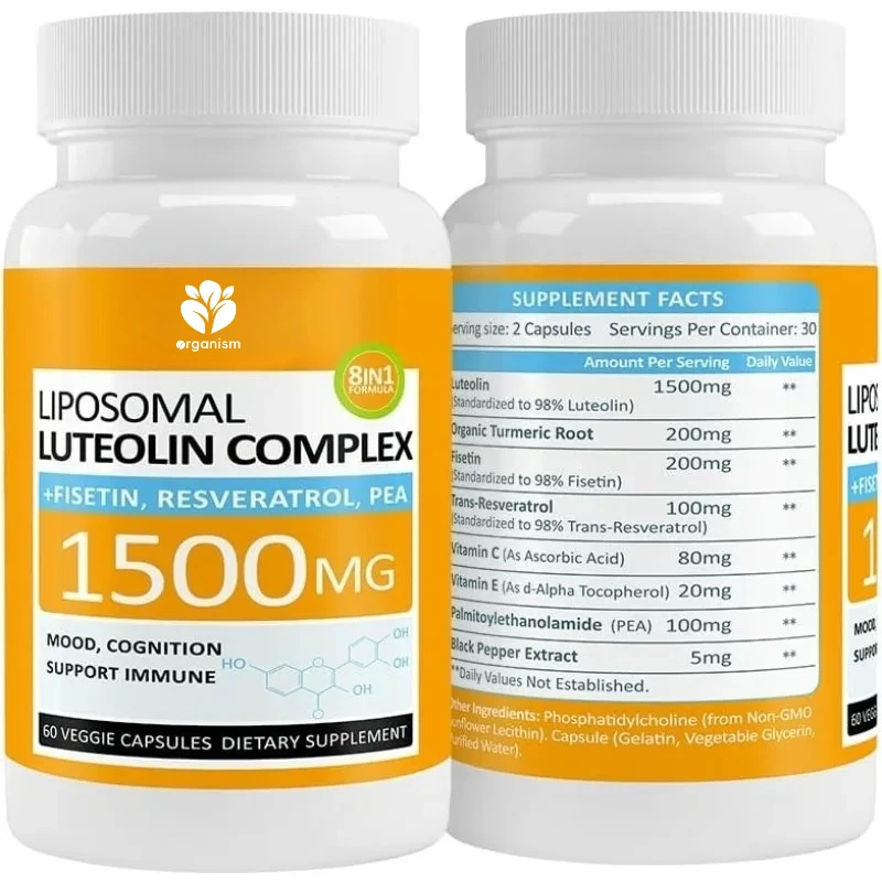 

Liposomal lutein complex soft capsules containing 1500 milligrams of fisetin, resveratrol, and pea for immune support