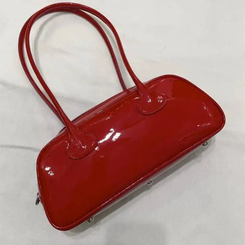 Bloom Red Underarm Purse Women High Street Hot Girls Patent Leather Casual Handbag Female Vintage Bowling Bag Aesthetic