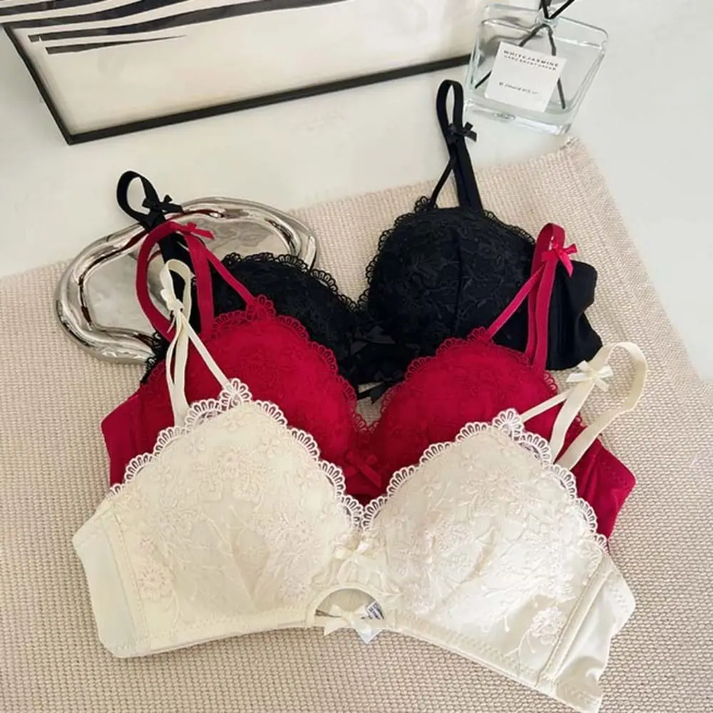 Süßer, atmungsaktiver Spitzen-Blumen-BH, dünner, verstellbarer Push-Up-BH, Dessous, Schleife, tiefer V-BH, Geschenke