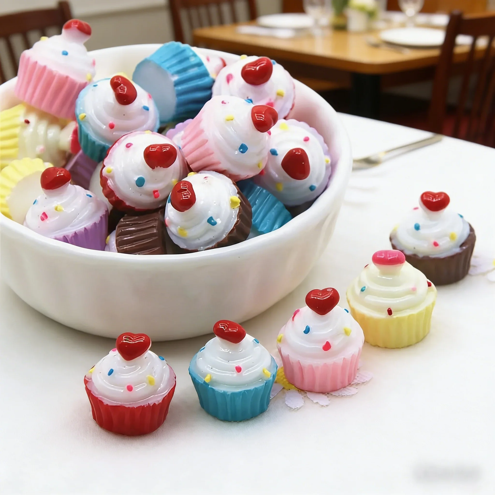 10Pcs Mini Candy Color Heart Paper Cupcake Simulation Ornaments Cute Fake Cupcake Decorative Parts For Handmade Craft Making